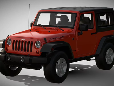 Red Jeep Rubicon Off Road Vehicle With Black Top And Rugged Design 3d model