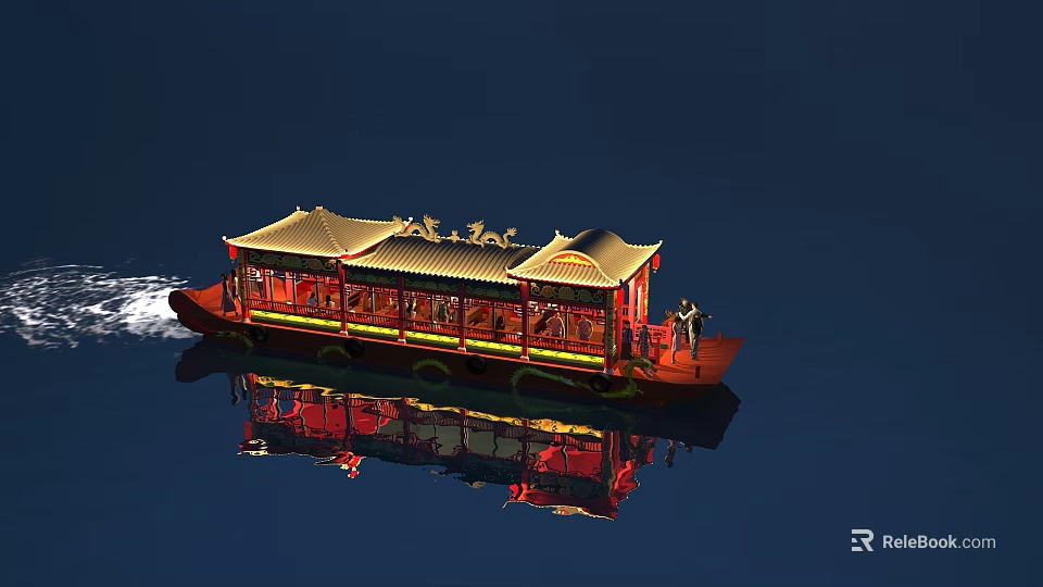 Traditional Chinese Tourist Ship with Illuminated Roof and Water Reflection 3d model 