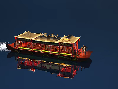 Traditional Chinese Tourist Ship with Illuminated Roof and Water Reflection 3d model