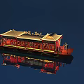 Traditional Chinese Tourist Ship with Illuminated Roof and Water Reflection