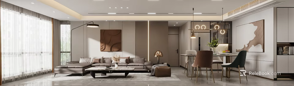 Modern Living Dining Room Interior Design With Sofa Coffee Table Dining Table And Chairs 3d model