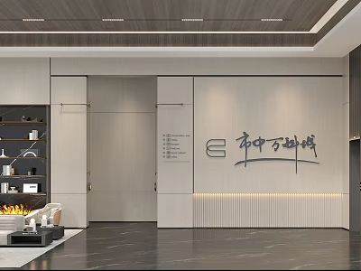 Modern Sales Office Interior With Reception Area Fireplace Bookshelf And Marble Floor 3d model