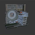 Industrial Mechanical Equipment With Large Circular Device Metal Platform And Stacked Crates