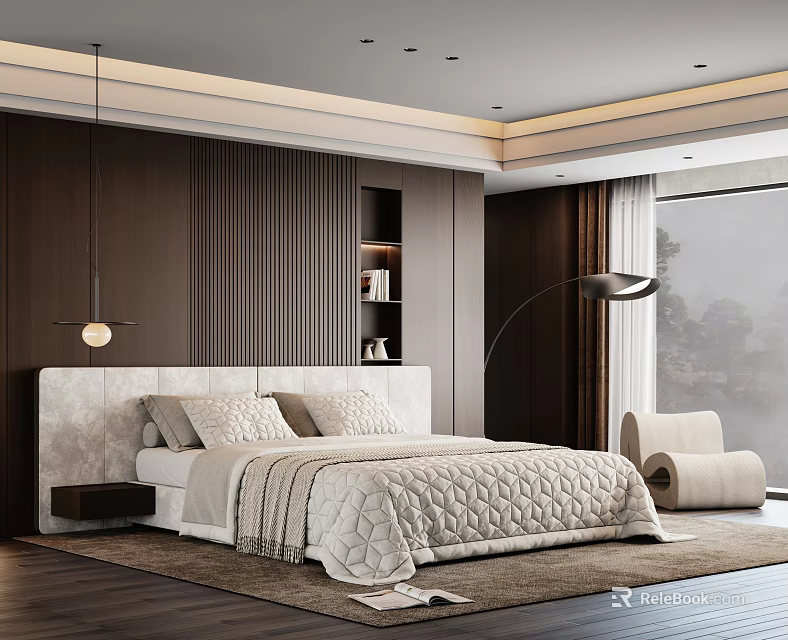 Modern Bedroom Interior With Upholstered Headboard Quilt Pillows Pendant Light And Dark Wooden Walls 3d model 