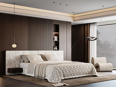 Modern Bedroom Interior With Upholstered Headboard Quilt Pillows Pendant Light And Dark Wooden Walls 3d model