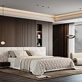 Modern Bedroom Interior With Upholstered Headboard Quilt Pillows Pendant Light And Dark Wooden Walls