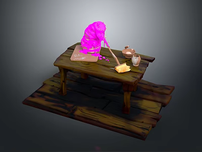 Wooden Table On Platform With Pink Object Cutting Board Knife Small Jars And Yellow Butter 3d model