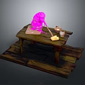 Wooden Table On Platform With Pink Object Cutting Board Knife Small Jars And Yellow Butter