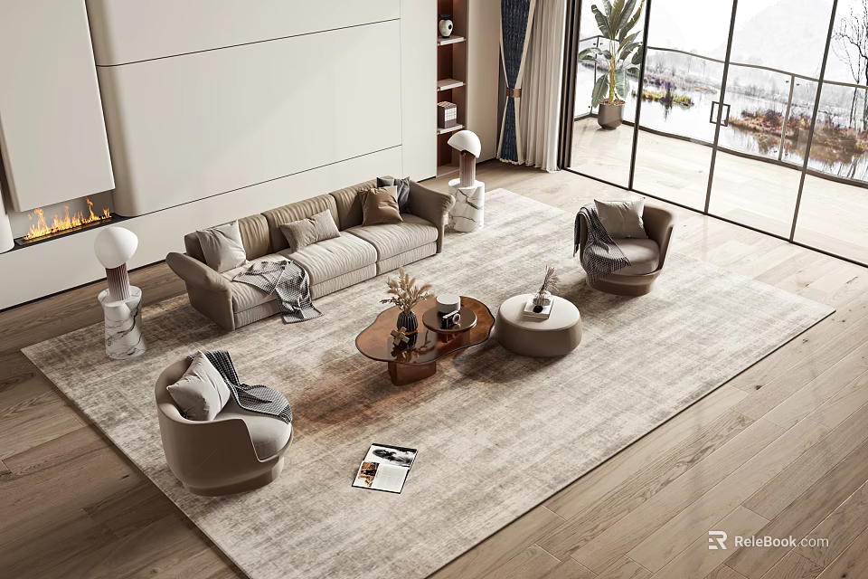 Modern Living Room Interior With Sofa Coffee Table Set Armchairs Area Rug And Large Windows 3d model 
