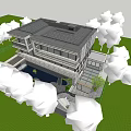 Modern Detached Villa Exterior Featuring Large Glass Windows Balconies And Lush Greenery