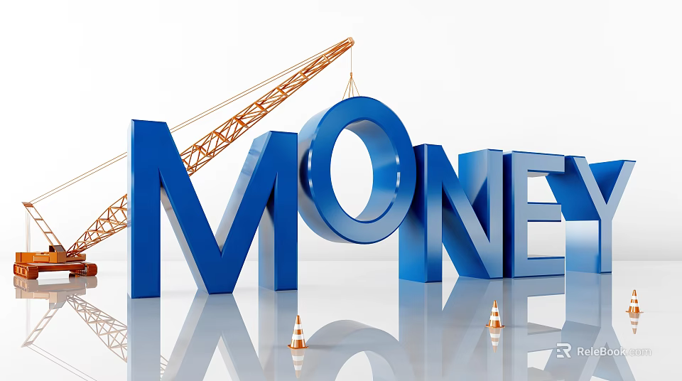 Commercial Equipment Crane Lifting Blue Money Letters With Traffic Cones On Reflective Floor 3d model 
