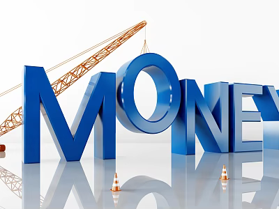 Commercial Equipment Crane Lifting Blue Money Letters With Traffic Cones On Reflective Floor 3d model