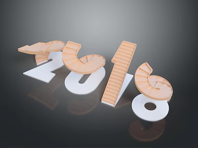 2016 White Numbers Decorated With Wooden Spiral Stairs And Steps Design 3d model