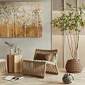 Rattan Casual Sofa Set With Golden Tree Wall Art And Wooden Side Table