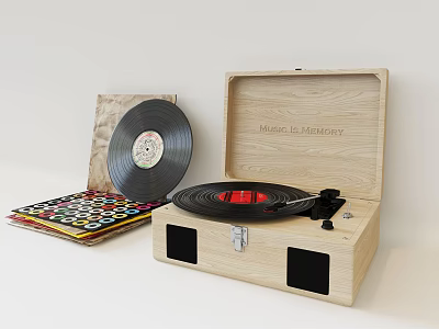 Vintage Wooden Record Player With Open Case And Vinyl Records For Musical Memory 3d model