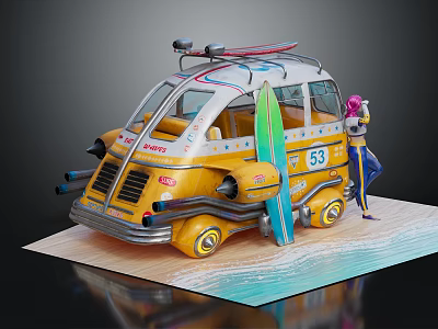 Vintage Yellow Van With Surfboard Figure Pink Hat Number 63 And Beach Waves 3d model
