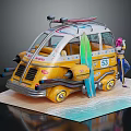 Vintage Yellow Van With Surfboard Figure Pink Hat Number 63 And Beach Waves