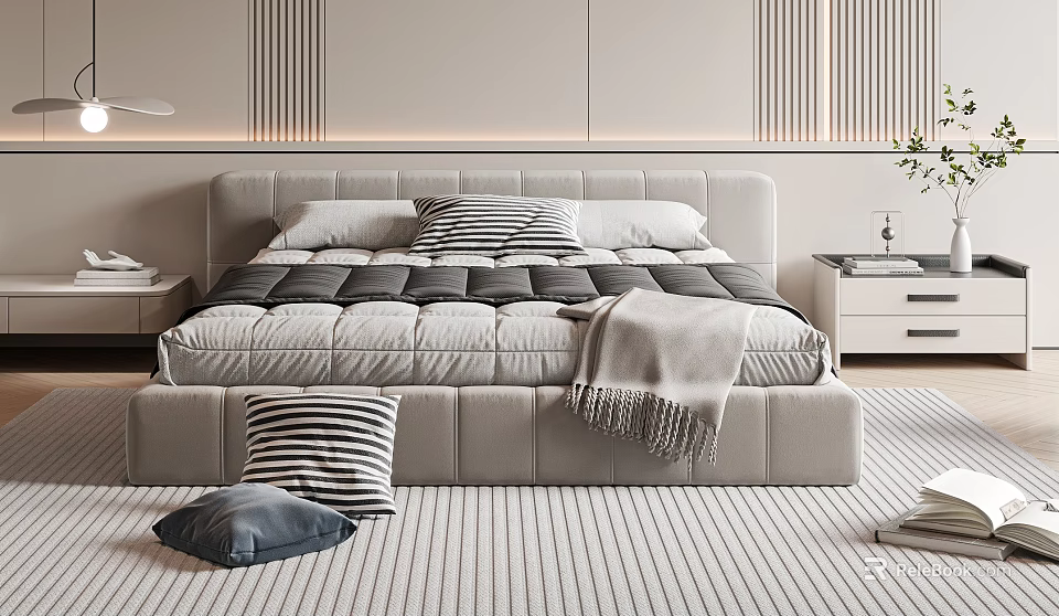 Modern Minimalist Double Bed With Upholstered Headboard Striped Pillows And Textured Carpet 3d model 