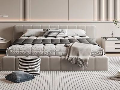 Modern Minimalist Double Bed With Upholstered Headboard Striped Pillows And Textured Carpet 3d model