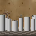 White Cylindrical Dining Tables With Vase Cake Candles Yellow Wallpaper Bird Patterns Checkerboard Floor