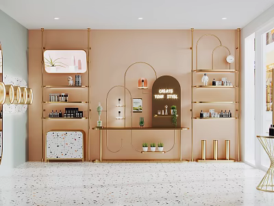 Modern Luxury Boutique Interior With Gold Shelves Display Counters And Beauty Products 3d model