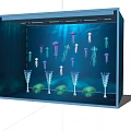 Elegant Blue Window Display Featuring Various Jellyfish Marine Decorations and Soft Lighting 3d model