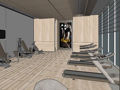 Modern Fitness Gym Interior With Treadmills And Workout Equipment Wooden Flooring And Motivational Wall Poster 3d model