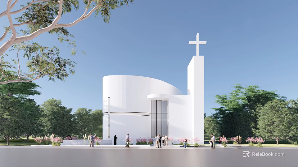 Historic White Church Building With Cross Spire Surrounding Trees And People 3d model 
