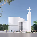 Historic White Church Building With Cross Spire Surrounding Trees And People