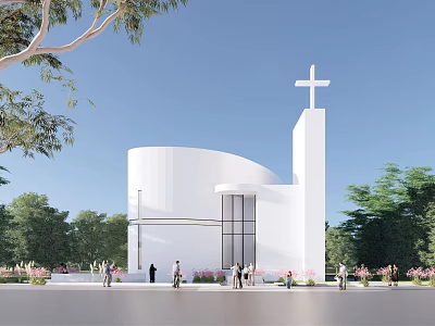Historic White Church Building With Cross Spire Surrounding Trees And People 3d model