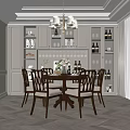 Elegant Modern Dining Room With Wooden Table Upholstered Chairs Chandelier And Glass Display Cabinets