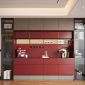 Modern Decorative Cabinet With Red Gray Design And Decorative Items Books Vase