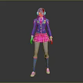 Anime Style 3D Character With Blue Jacket Pink Skirt Striped Stockings And Headphones
