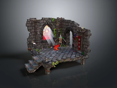 Stone Ruin Scene With Arched Stained Glass Window Flames Candles And Plants 3d model