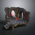 Stone Ruin Scene With Arched Stained Glass Window Flames Candles And Plants