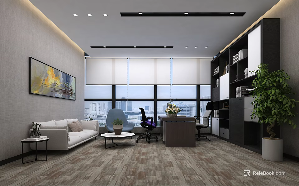 Modern Office Interior Design With Sofa Coffee Table Desk And City View Windows 3d model