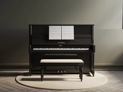 Black Piano With Music Sheet And Upholstered Bench On Round Rug Gray Wall Natural Light 3d model