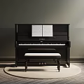 Black Piano With Music Sheet And Upholstered Bench On Round Rug Gray Wall Natural Light