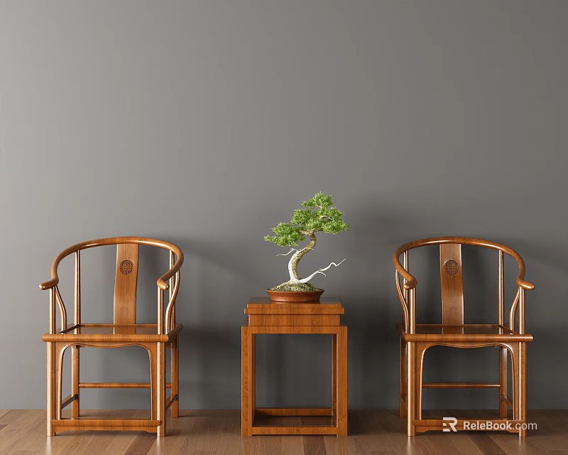 Two Wooden Leisure Chairs With Small Table Green Plant Gray Wall Wooden Floor 3d model 