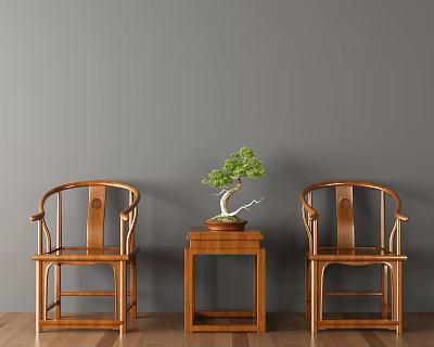 Two Wooden Leisure Chairs With Small Table Green Plant Gray Wall Wooden Floor 3d model