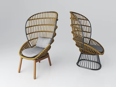 Rattan Single Seater Sofa Design With Gray Cushion Wooden Legs And Metal Base 3d model