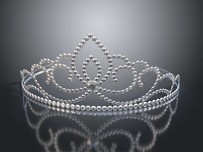 Elegant Silver Tiara with Intricate Pearl Design and Reflection on Black Background 3d model