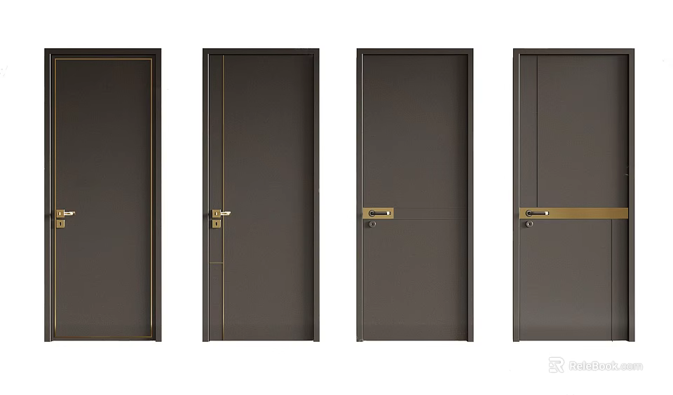 Modern Hinged Doors With Dark Brown Finish And Gold Accent Hardware 3d model 