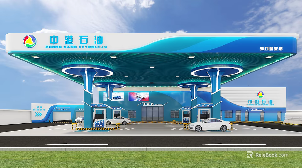 Zhonggang Petroleum Modern Gas Station With Fuel Pumps Canopy And Vehicles 3d model 