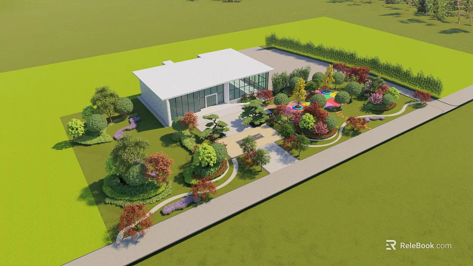 Modern Sales Office Building with Glass Facade Landscaped Garden Green Lawn Colorful Flowers Trees Pathways 3d model 