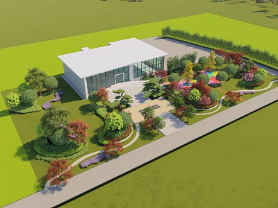 Modern Sales Office Building with Glass Facade Landscaped Garden Green Lawn Colorful Flowers Trees Pathways 3d model