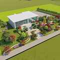 Modern Sales Office Building with Glass Facade Landscaped Garden Green Lawn Colorful Flowers Trees Pathways
