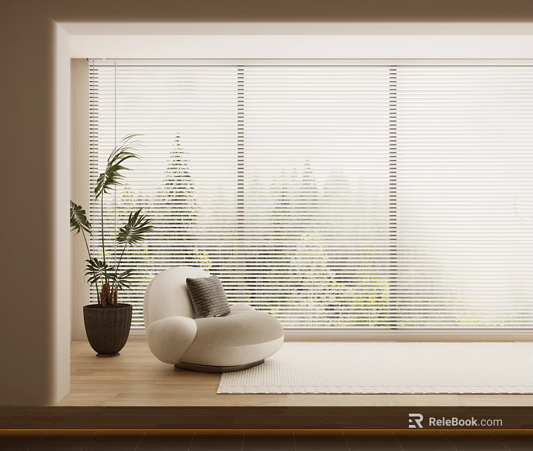 Indoor Bonsai Potted Plant with White Curved Sofa Gray Cushion Wooden Floor and Window Blinds 3d model 