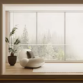 Indoor Bonsai Potted Plant with White Curved Sofa Gray Cushion Wooden Floor and Window Blinds