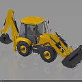 Yellow Backhoe Loader Construction Vehicle With Front Bucket Rear Excavator Arm On Black Background